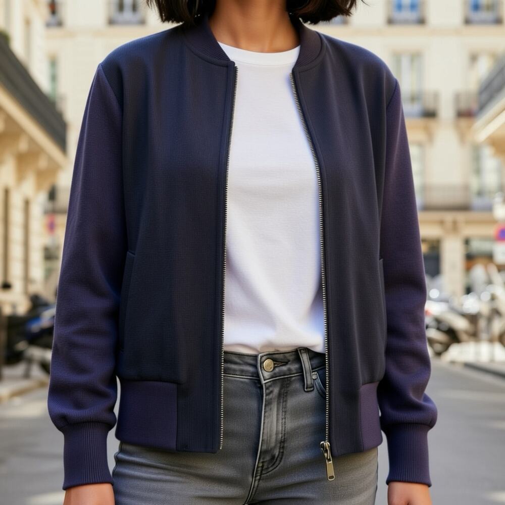 Sioni Womens Bomber Jacket Blue Mixed Fabric Zip Front Knit Sleeve Size M